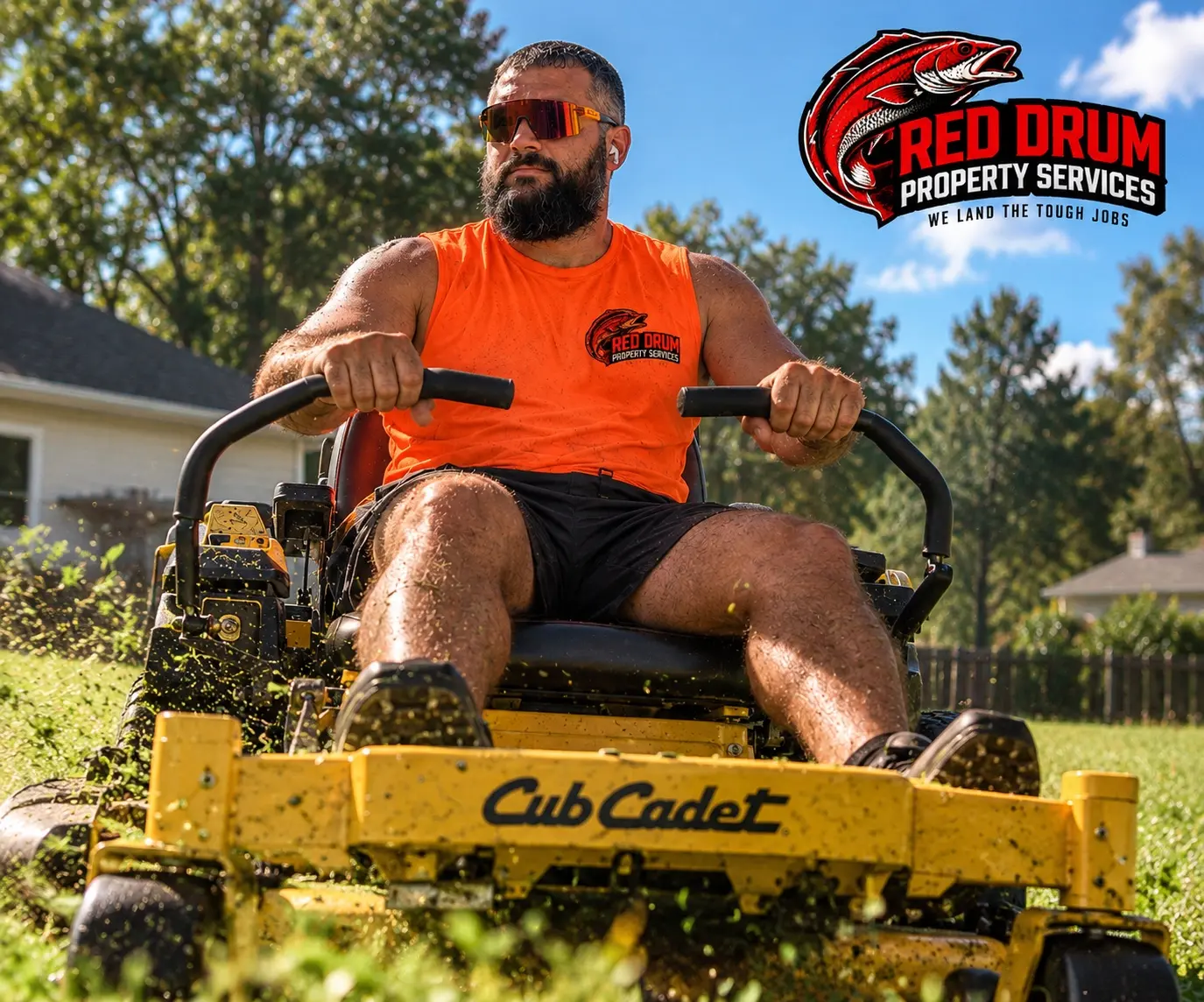 Red Drum owner mowing a local residential lawn