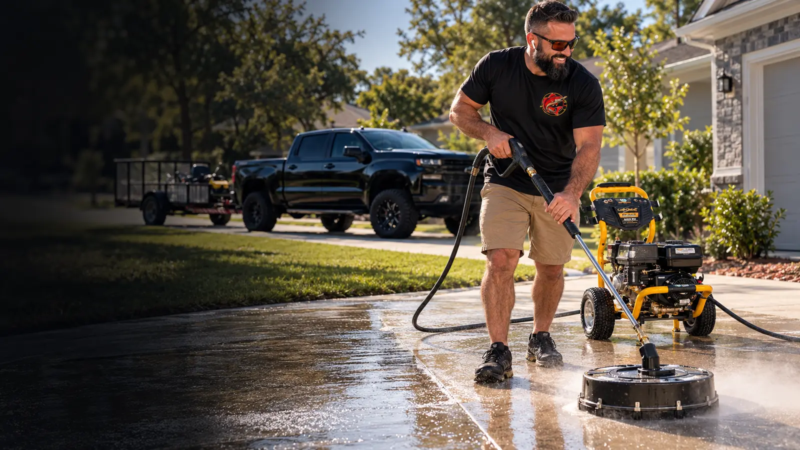 Red Drum pressure washing a driveway