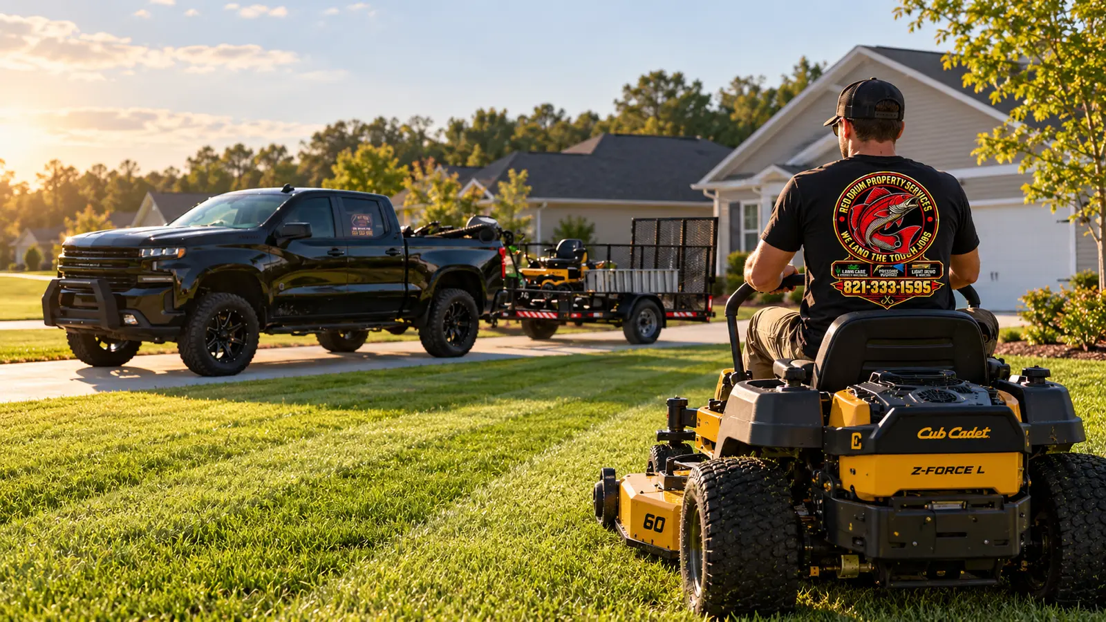 Red Drum owner mowing a residential lawn with a zero-turn mower